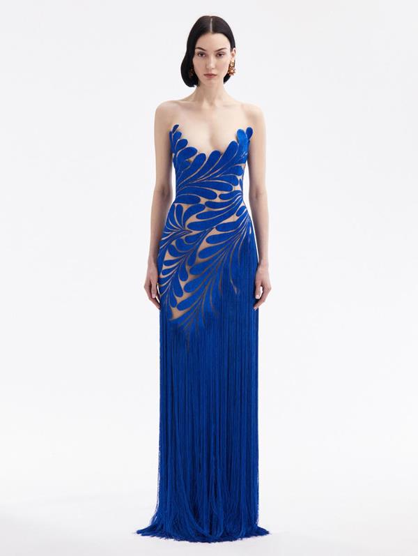 Fern Threadwork Fringe Gown