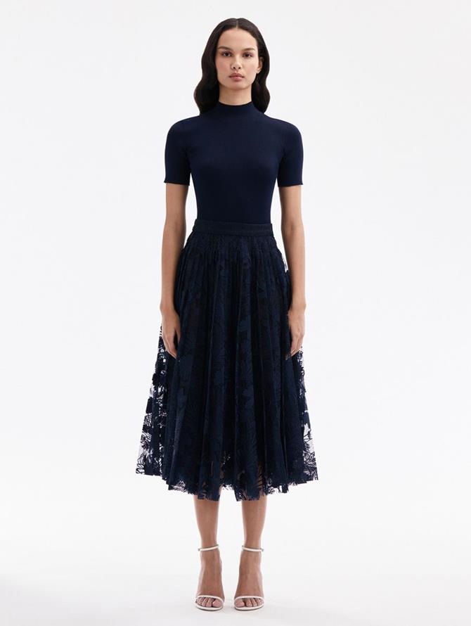 Marbled Carnation Guipure Pleated Skirt